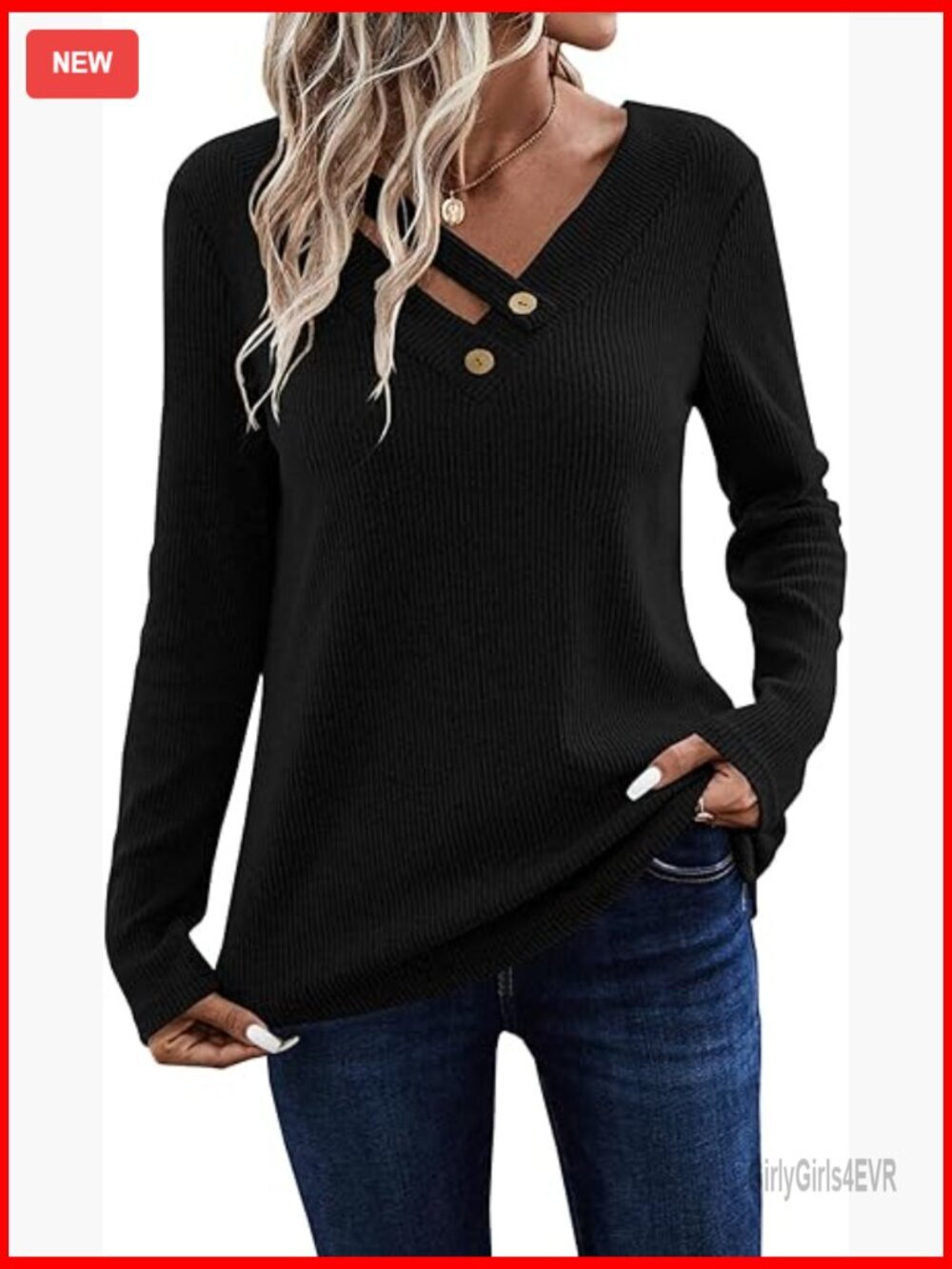 Long Sleeve V-Neck Ribbed Knit Top Work Casual Button Detail